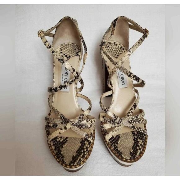 Jimmy Choo Python Print London Tone Block Heel Sandals Women's Size 39.5 Classic - Picture 3 of 12
